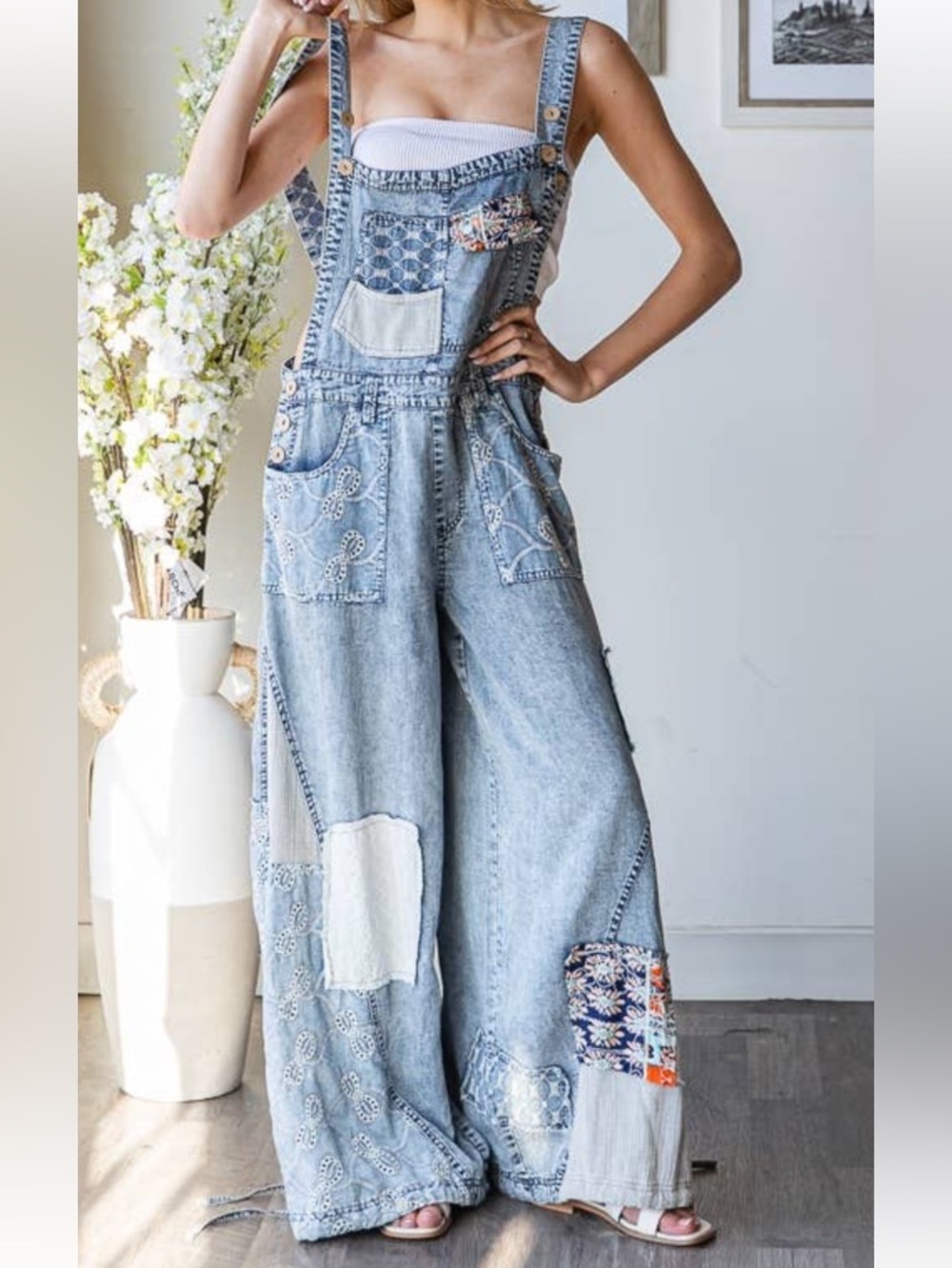 Oli & Hali Light Blue Patchwork Denim Overalls Small